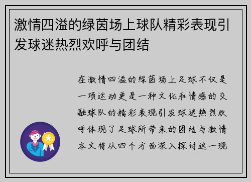 激情四溢的绿茵场上球队精彩表现引发球迷热烈欢呼与团结