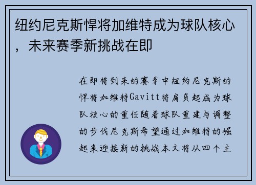 纽约尼克斯悍将加维特成为球队核心，未来赛季新挑战在即